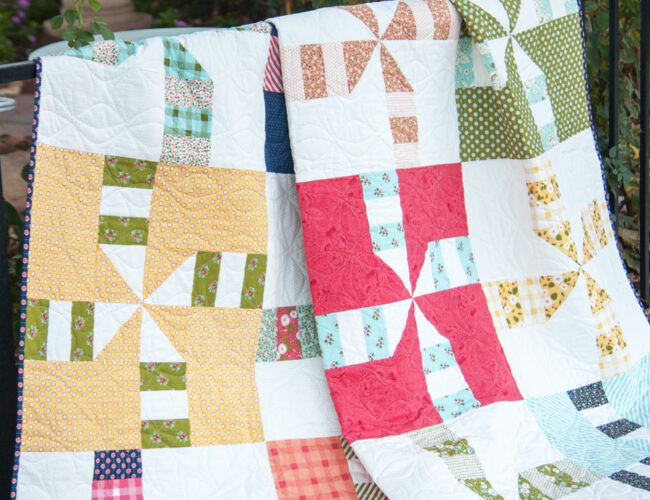 Do Si Do pinwheel quilt by Vanessa Goertzen of Lella Boutique. Make it with a combination of fat quarters and fat eighths. Fabric is Little Miss Sunshine by Lella Boutique for Moda Fabrics.