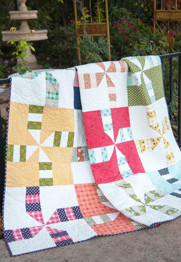 Do Si Do pinwheel quilt by Vanessa Goertzen of Lella Boutique. Make it with a combination of fat quarters and fat eighths. Fabric is Little Miss Sunshine by Lella Boutique for Moda Fabrics.