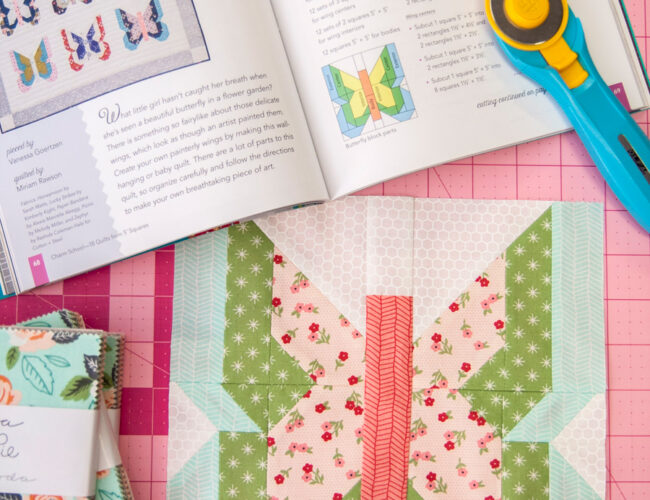 Madame Butterfly quilt block by Lella Boutique. Pattern found in the book: Charm School - 18 Quilts from 5" Squares. Fabric is Sugar Pie by Lella Boutique for Moda Fabrics. Charm pack or layer cake friendly