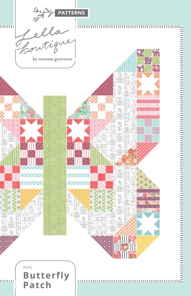 Butterfly Patch quilt PDF pattern. Scrappy butterfly pattern made with a layer cake. Fabric is Lollipop Garden by Lella Boutique for Moda Fabrics