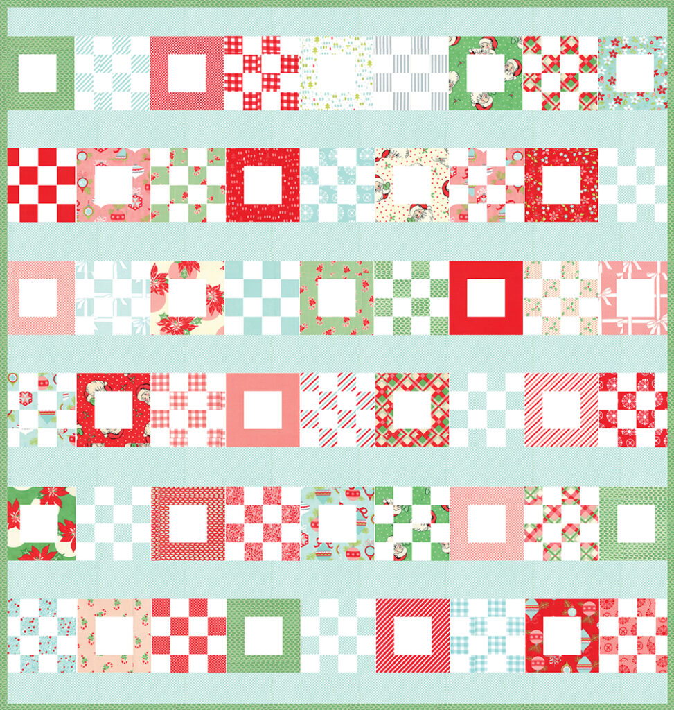 Petit Fours quilt by Lella Boutique. Pattern found in Jelly Filled - 18 Quilts from 2 1/2" Strips by Vanessa Goertzen of Lella Boutique. Fabric is Vintage Holiday by Bonnie & Camille + Swell Christmas by Urban Chiks for Moda Fabrics.