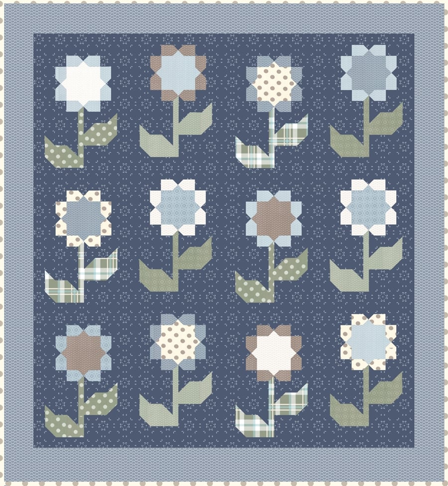 Cottage Blossoms flower quilt PDF pattern by Lella Boutique. Make it with a layer cake or fat quarters. Fabric is Harvest Road by Lella Boutique for Moda Fabrics.