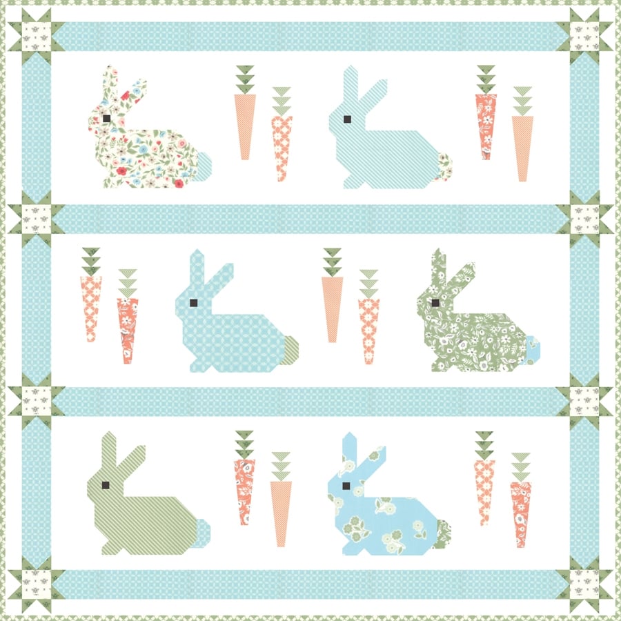 Cottontail bunny and carrot quilt PDF pattern by Lella Boutique. Make it with fat quarters and fat eighths. Fabric is Garden Variety by Lella Boutique for Moda Fabrics.