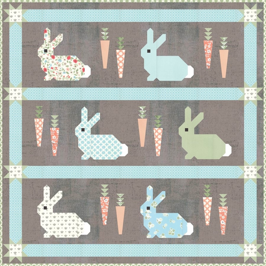 Cottontail bunny and carrot quilt PDF pattern by Lella Boutique. Make it with fat quarters and fat eighths. Fabric is Garden Variety by Lella Boutique for Moda Fabrics.