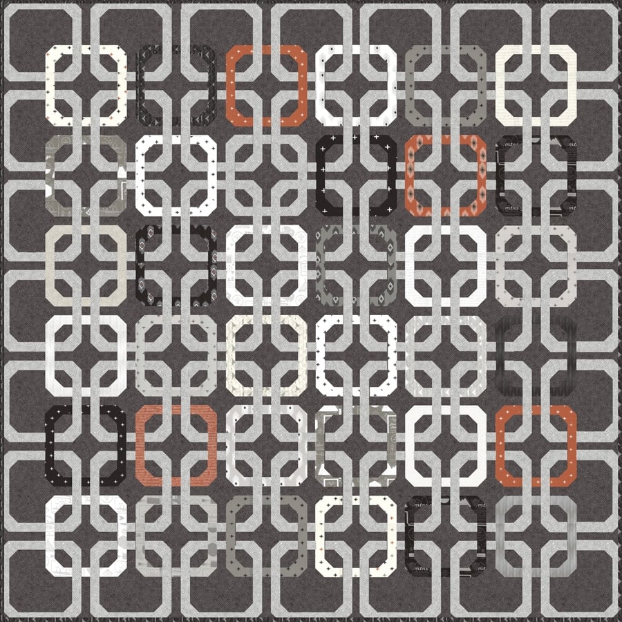 Concord modern overlapping rings quilt. Honeybun friendly quilt pattern. Fabric is Smoke & Rust by Lella Boutique for Moda Fabrics.