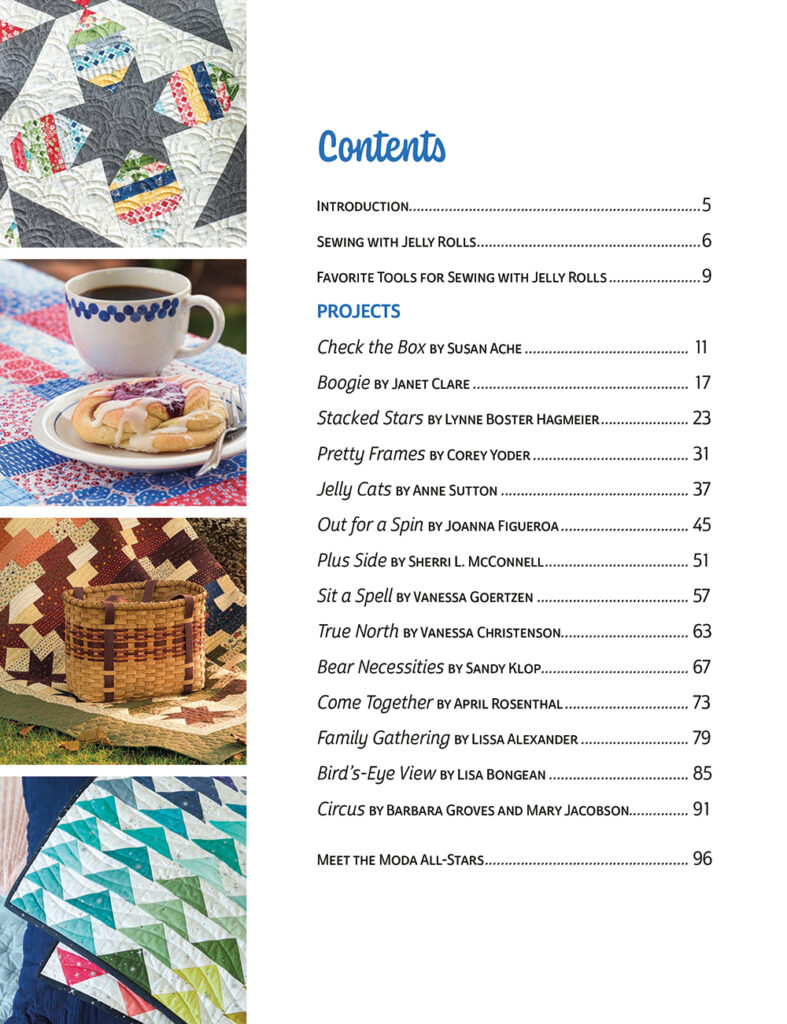 Moda All Stars: On a Roll Again. 14 jelly roll quilt patterns by Moda Designers.|Moda All Stars by popular US quilting blog, Lella Boutique: image of the Moda All Stars: On a Roll Again table of contents. 
