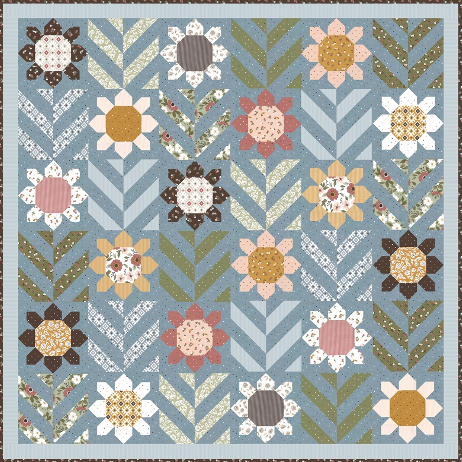 Spring Fling flower quilt PDf pattern by Lella Boutique. Make it with fat quarters, fat eighths, and half-yards. Fabric is Folktale by Lella Boutique for Moda Fabrics.