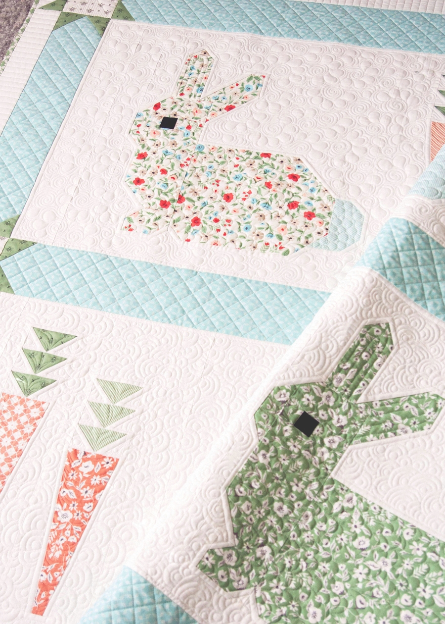 Cottontail bunny and carrot quilt PDF pattern by Lella Boutique. Make it with fat quarters and fat eighths. Fabric is Garden Variety by Lella Boutique for Moda Fabrics.