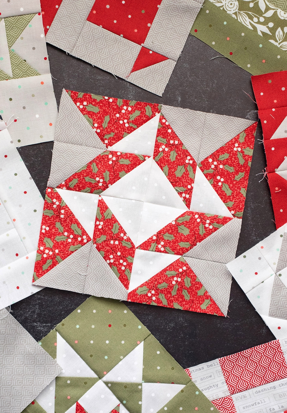Sewcialites Quilt Along: Free Block of the Week. Block 8 is "Soulful" by Joanna FIgueroa of Fig Tree Quilts. Fabric is Christmas Morning by Lella Boutique.