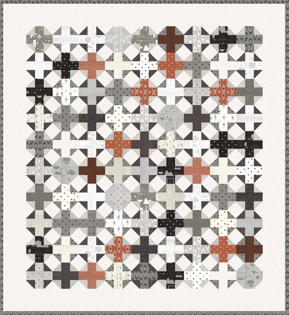 Hot Cross Buns plus sign quilt by Lella Boutique. Make it with a Jelly Roll (2.5" strips) or a Layer Cake (10" squares). Fabric is Smoke & Rust by Lella Boutique for Moda Fabrics.