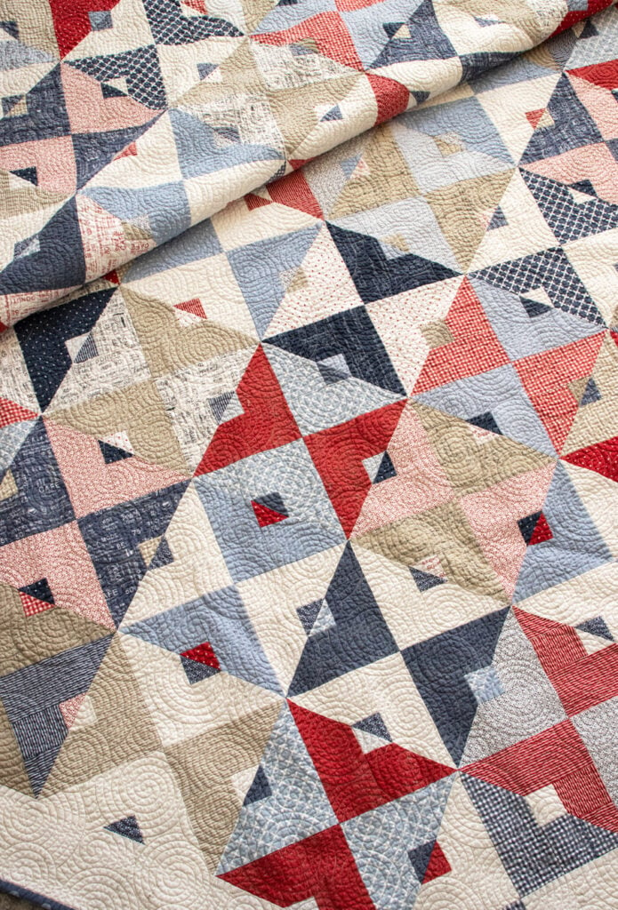 Double Dutch geometric quilt PDF pattern by Lella Boutique. Make it with fat quarters or fat eighths. A great boy quilt in these Sweet Tea prints by Sweetwater for Moda.