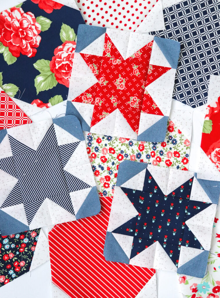 Starstruck 2 patriotic quilt in red white and blue. Make it with Layer Cakes or fat quarters. Fabric is Early Bird by Bonnie & Camille for Moda Fabrics.