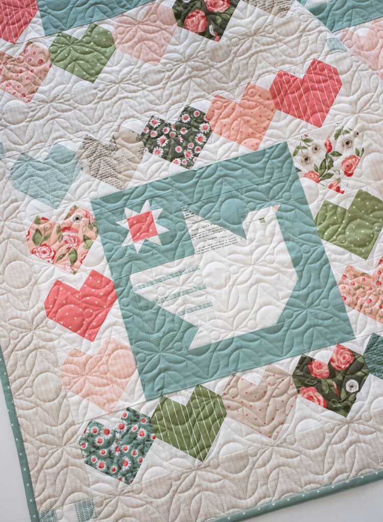 Lovey Dovey quilt by Vanessa Goertzen of Lella Boutique. Such a cute combo or pieced doves and hearts. Fabric is Love Note by Lella Boutique for Moda Fabrics.