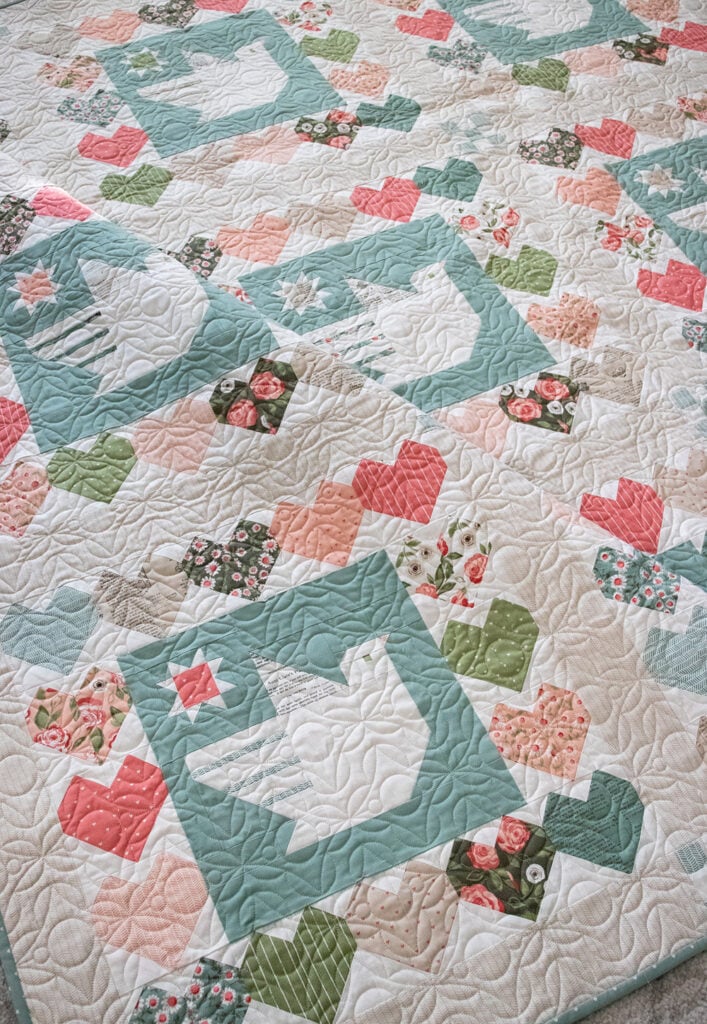 Lovey Dovey quilt by Vanessa Goertzen of Lella Boutique. Such a cute combo or pieced doves and hearts. Fabric is Love Note by Lella Boutique for Moda Fabrics.