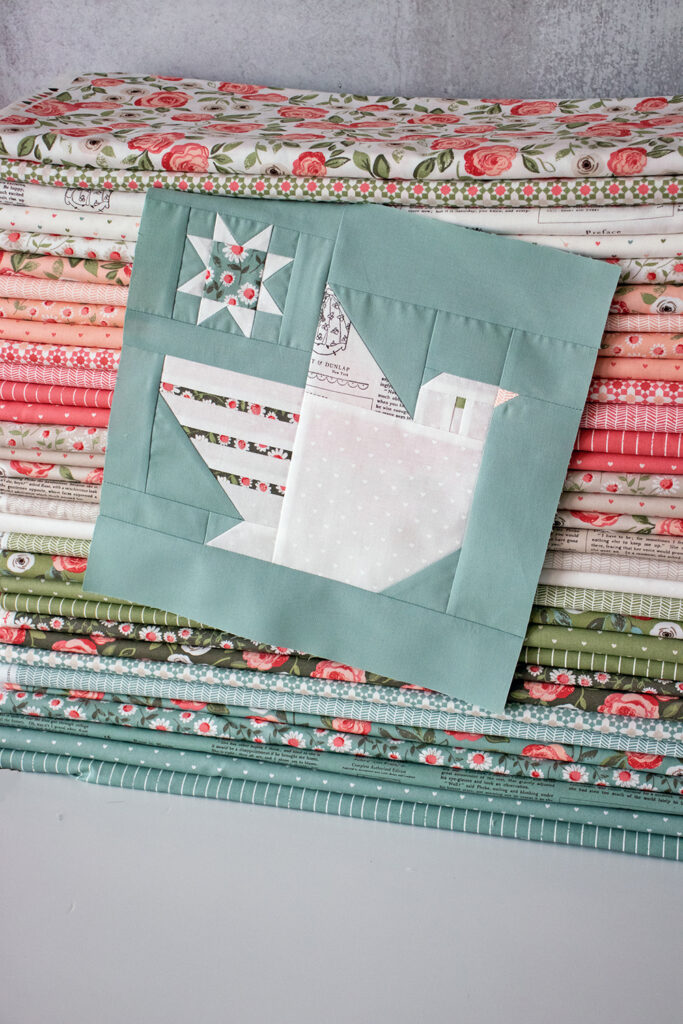 Lovey Dovey dove quilt block. Pattern by Vanessa Goertzen of Lella Boutique. Fabric is Love Note by Lella Boutique for Moda Fabrics.