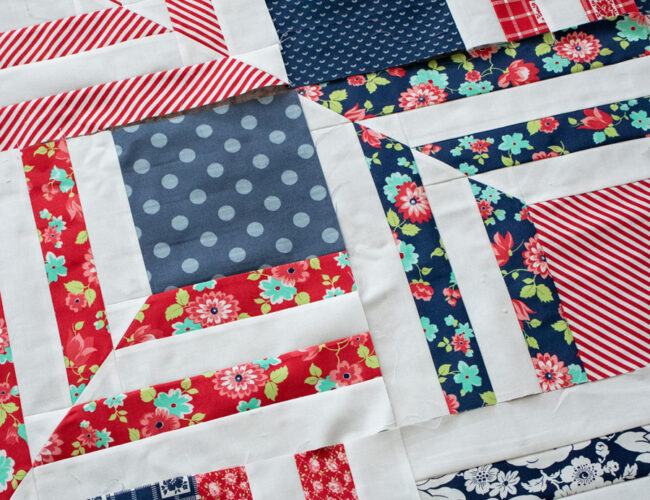 Fracture quilt block by Lella Boutique. It looks like an American flag quilt block in these blue + red Bonnie & Camille prints.