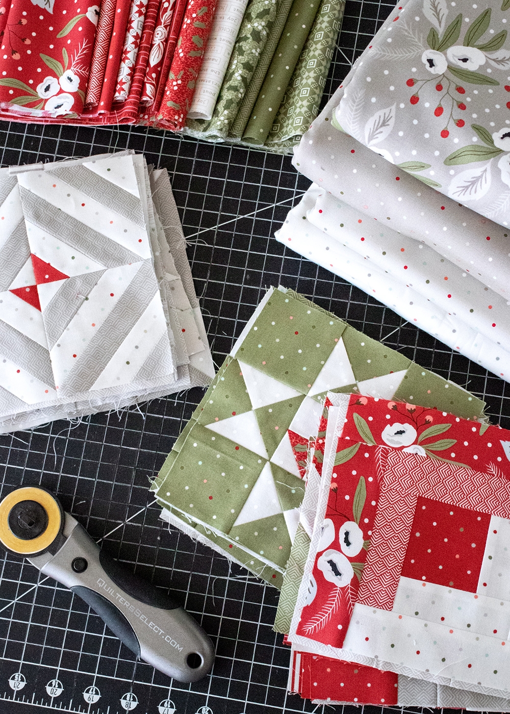 Sewcialites Quilt Along Layout using Christmas Morning fabrics + Lella Boutique's Rose in Bloom quilt layout. Materials List here!