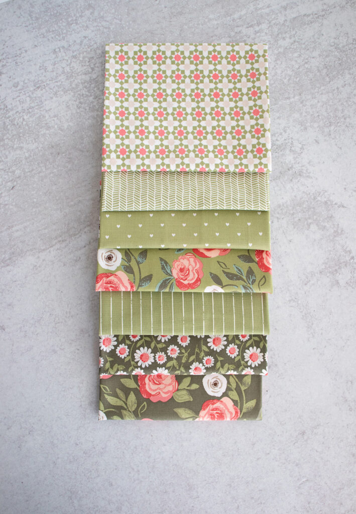 Love Note fabric by Lella Boutique for Moda Fabrics. Grass and Olive green colorway