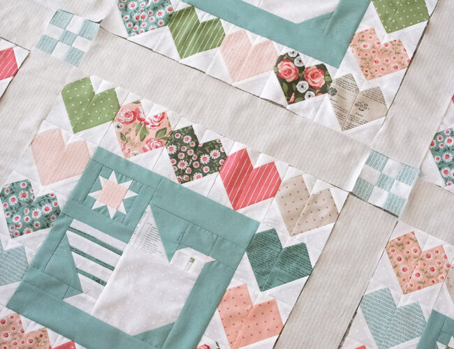 Lovey Dovey quilt by Vanessa Goertzen of Lella Boutique. Such a cute combo or pieced doves and hearts. Fabric is Love Note by Lella Boutique for Moda Fabrics.
