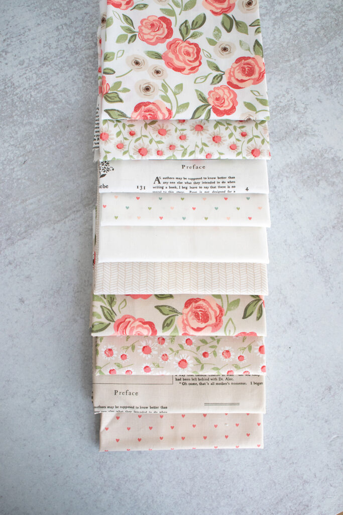 Love Note fabric by Lella Boutique for Moda Fabrics. Cloud white and Dove taupe colorway