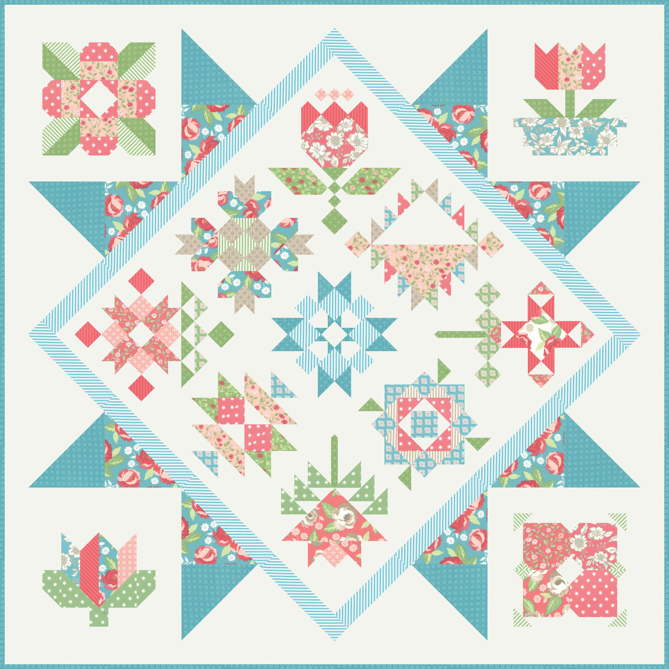 2020 Designer Mystery Quilt in Bloomington fabric by Lella Boutique for Moda Fabrics. See the finished quilt and download the block patterns from Fat Quarter Shop here! | Mystery Block by popular US quilting blog, Lella Boutique: image of a designer mystery block quilt. 