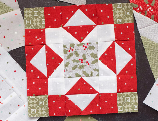 Sewcialites Quilt Along: Free Block of the Week. Block 12 is "Faithful" by Camille Roskelley of Thimble Blossoms. Fabric is Christmas Morning by Lella Boutique.
