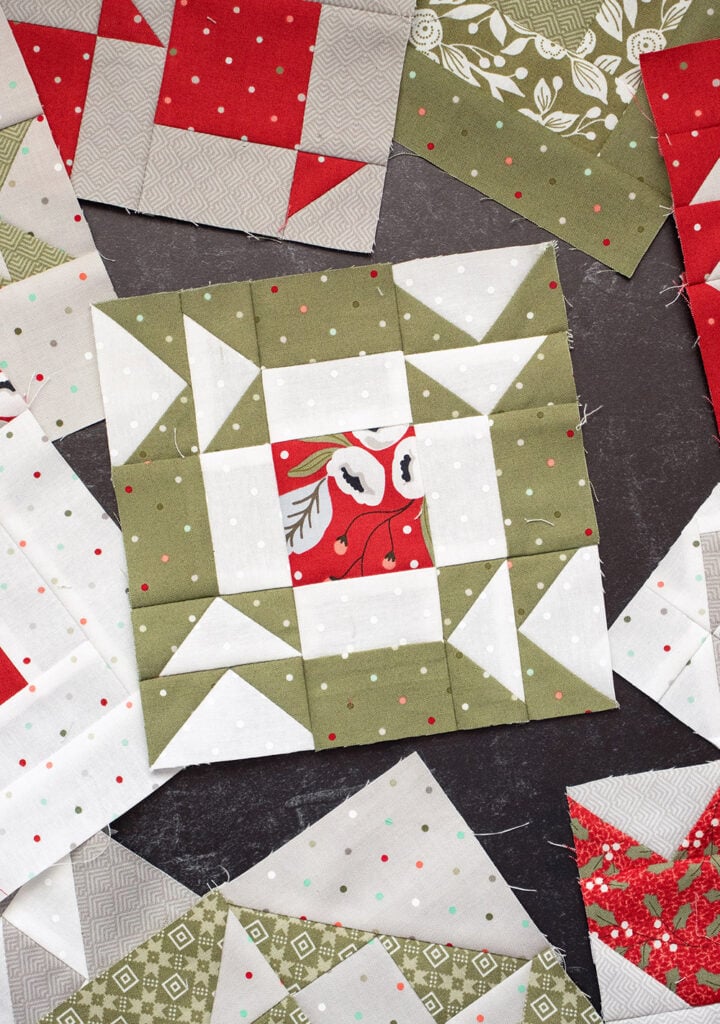 Sewcialites Quilt Along: Free Block of the Week. Block 13 is "Joy" by Susan Ache. Fabric is Christmas Morning by Lella Boutique.