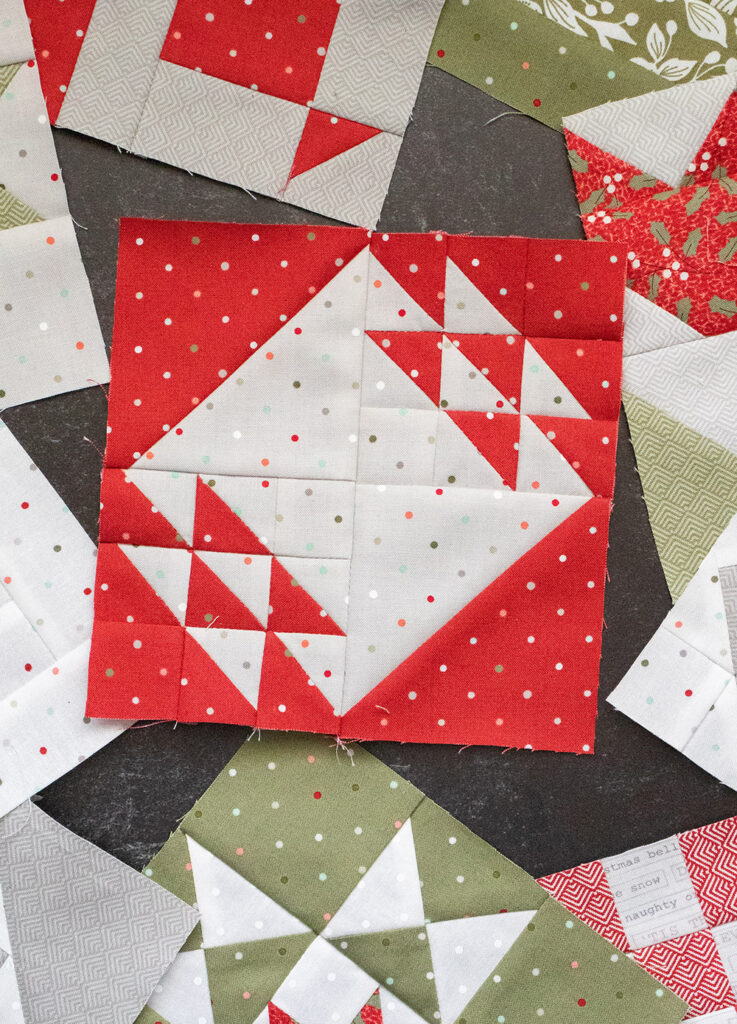 Sewcialites Quilt Along: Free Block of the Week. Block 6 is "Devoted" by Robin Pickens. Fabric is Christmas Morning by Lella Boutique.