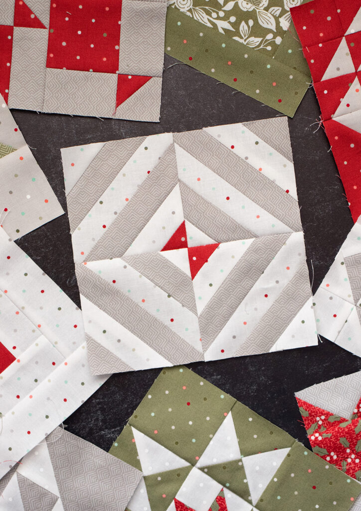 Sewcialites Quilt Along: Free Block of the Week. Block 9 is "Gracious" by Vanessa Christenson of V & Co. Fabric is Christmas Morning by Lella Boutique.