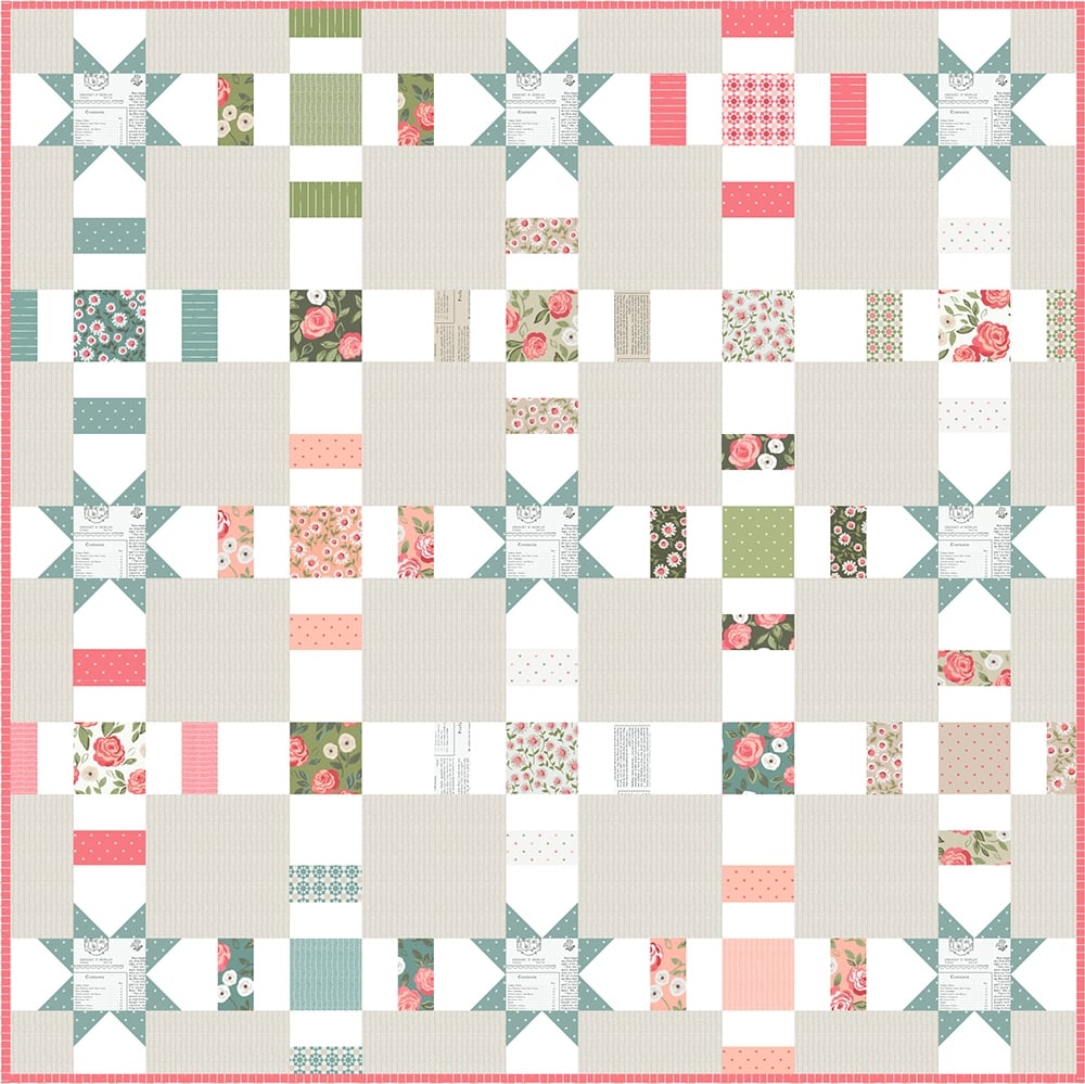 Pretty Please charm pack quilt by Lella Boutique. Beautiful and simple with a few sawtooth stars throughout. Fabric is Love Note by Lella Boutique for Moda Fabrics.