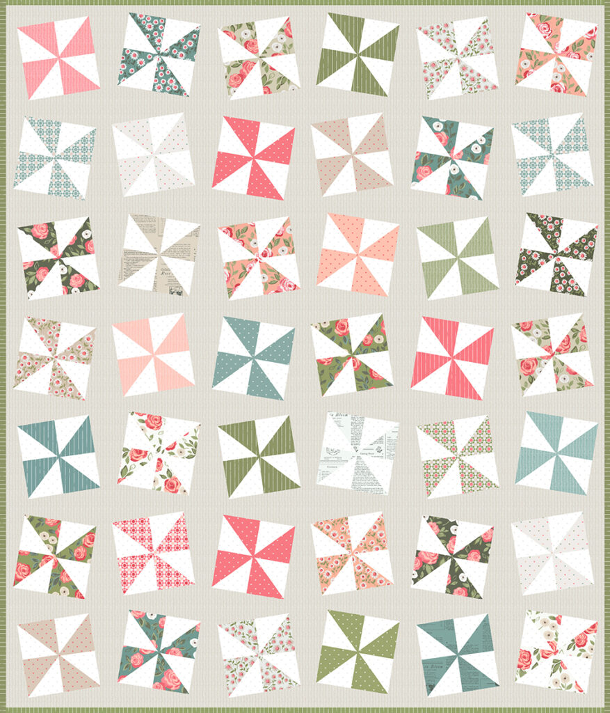Shuffle wonky pinwheel quilt pattern by Lella Boutique. Make it with 2 charm packs. Fabric is Love Note by Lella Boutique for Moda Fabrics.