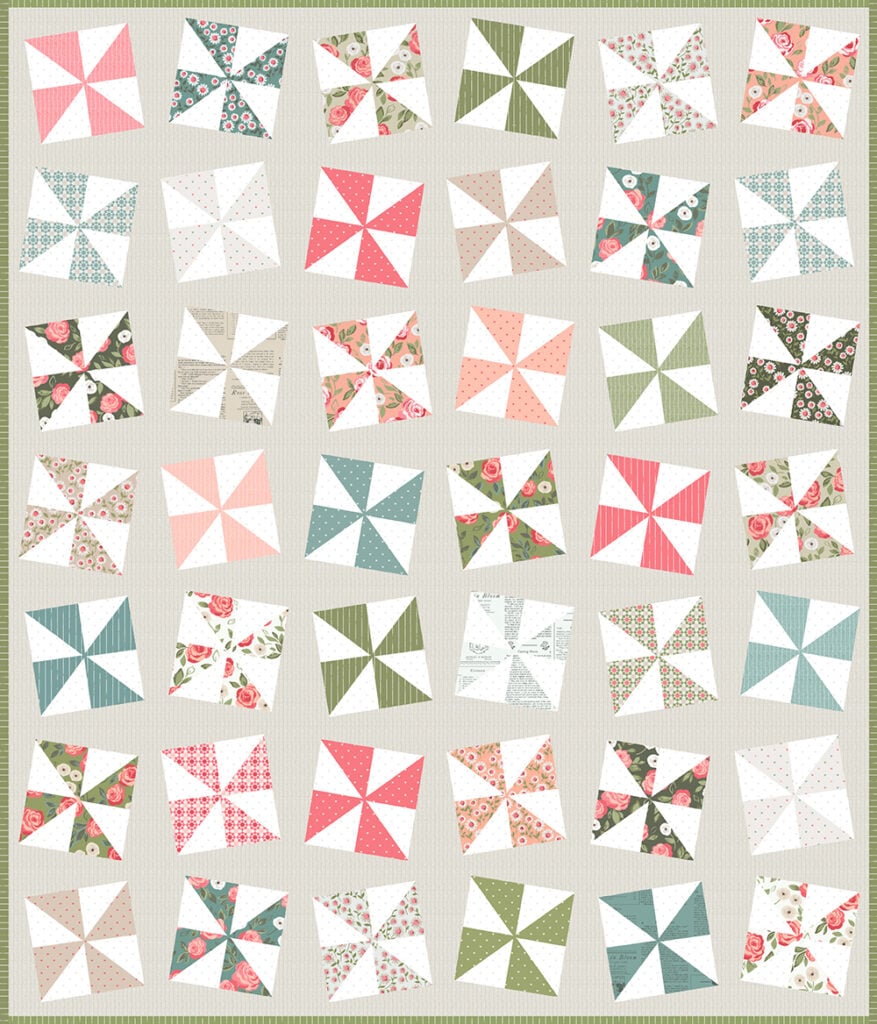 Shuffle wonky pinwheel quilt pattern by Lella Boutique. Make it with 2 charm packs. Fabric is Love Note by Lella Boutique for Moda Fabrics.