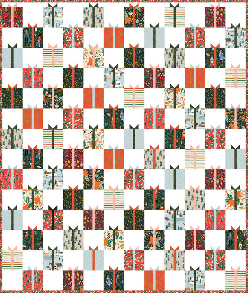 Gift Swap Christmas present quilt by Lella Boutique. Fabric is Holiday Classics by RIfle Paper Co for Cotton + Steel. Make it with charm packs, layer cakes, or fat quarters!