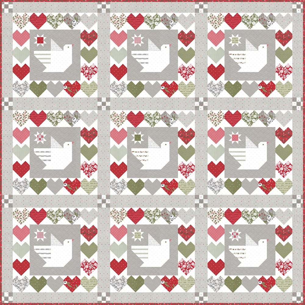 Lovey Dovey quilt by Vanessa Goertzen of Lella Boutique. Cute dove Christmas quilt using Christmas Morning fabric by Lella Boutique for Moda Fabrics.