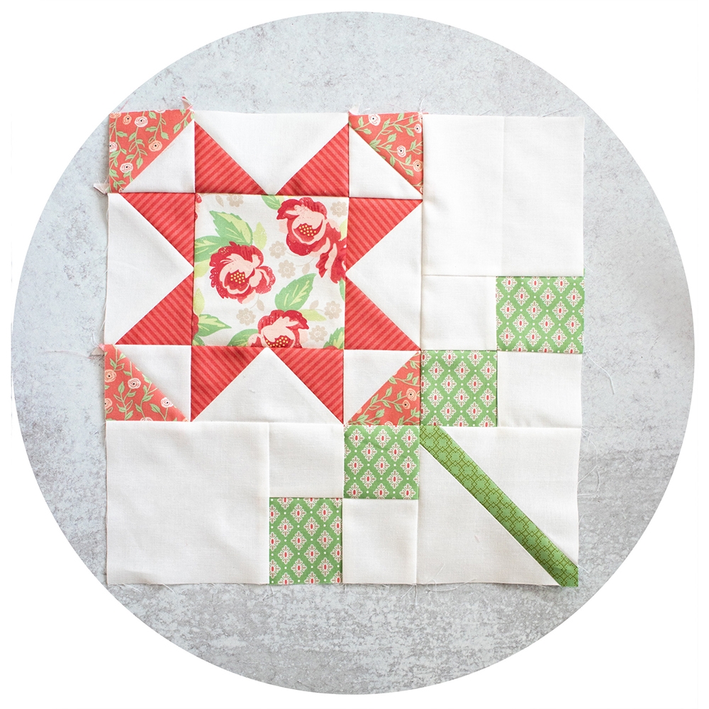 2020 Mystery Designer Block of the Month. Block 3 is Heritage Rose by Brenda Riddle. Flower quilt blocks made in Bloomington fabric by Lella Boutique for Moda Fabrics.
