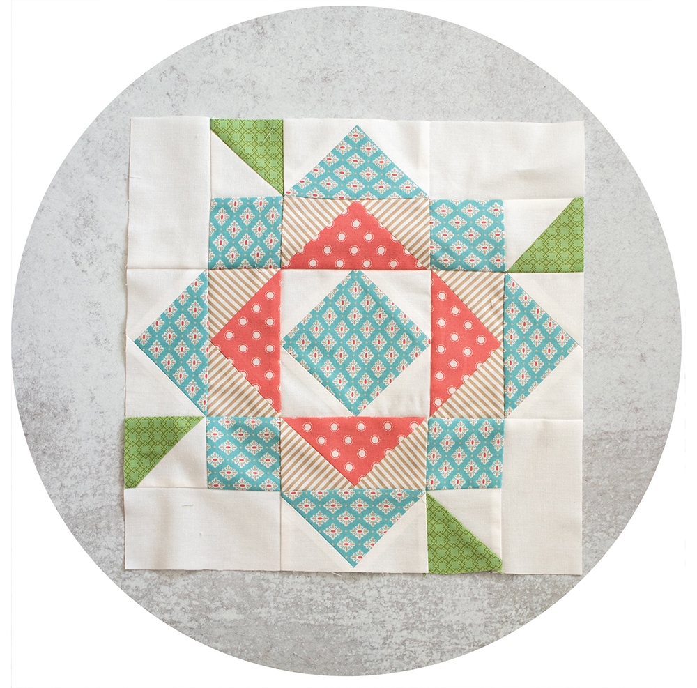 2020 Mystery Designer Block of the Month. Block 4 is All About Anemone by April Rosenthal. Flower quilt blocks made in Bloomington fabric by Lella Boutique for Moda Fabrics.