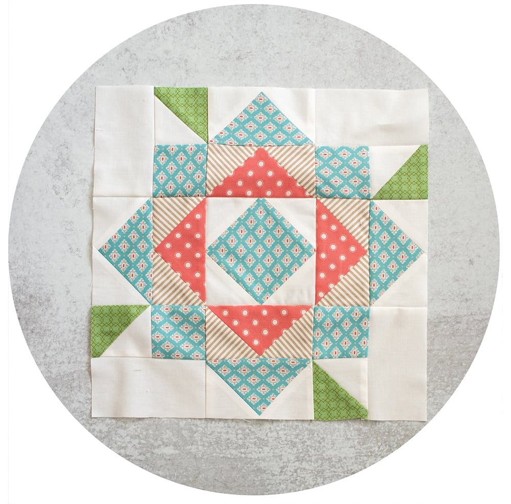 2020 Mystery Designer Block of the Month. Block 4 is All About Anemone by April Rosenthal. Flower quilt blocks made in Bloomington fabric by Lella Boutique for Moda Fabrics.