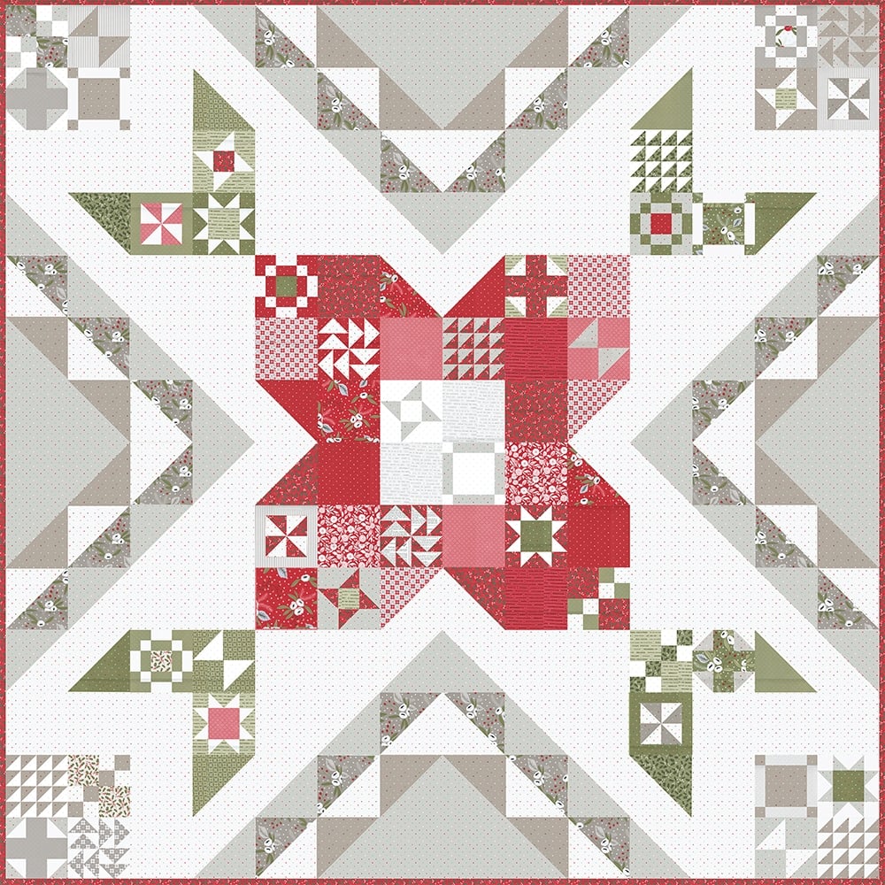 Rose in Bloom quilt in Christmas Morning fabric by Lella Boutique. Vanessa plugged in the Sewcialites sampler blocks into the Rose in Bloom quilt layout.