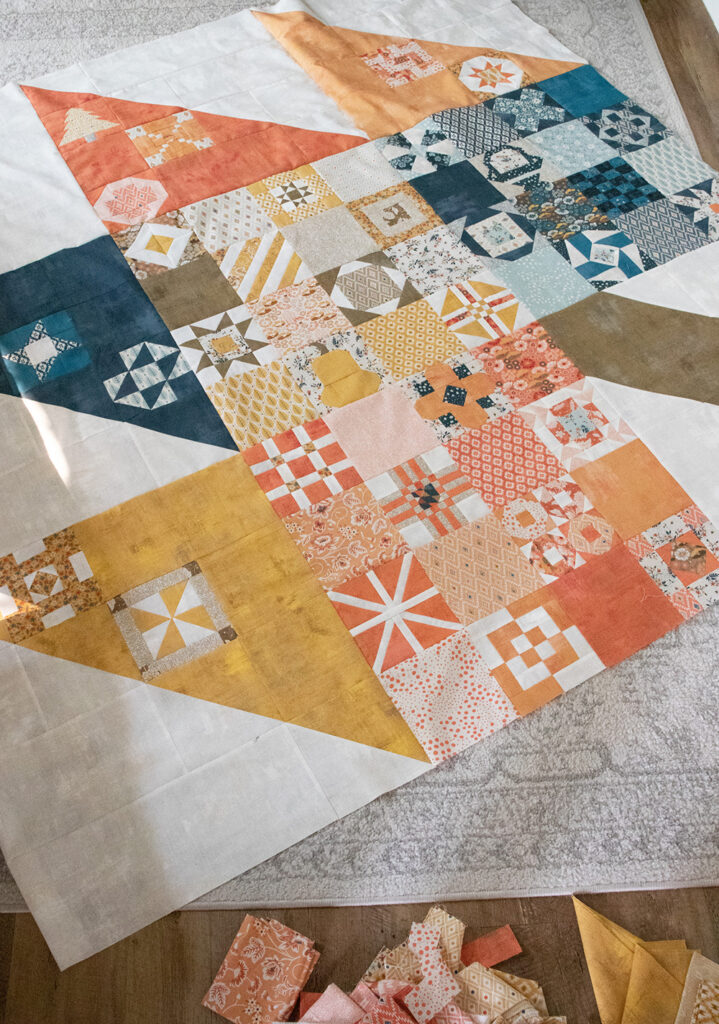 Sampler Spree Quilt Along. The FREE Scrappy Leaf Layout by Lella Boutique. Fabric is Cider/Persimmon by BasicGrey for Moda Fabrics.