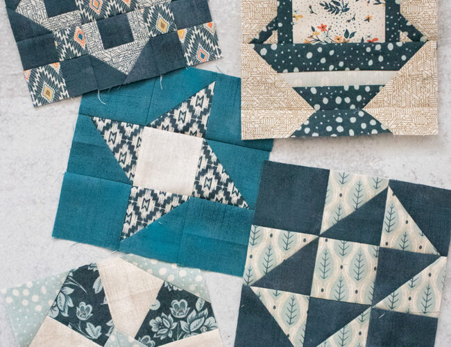 Sampler Spree Sew Along (Week 1). Check out Vanessa's blocks using Cider and Persimmon fabric by BasicGrey + her fall leaf quilt top layout.