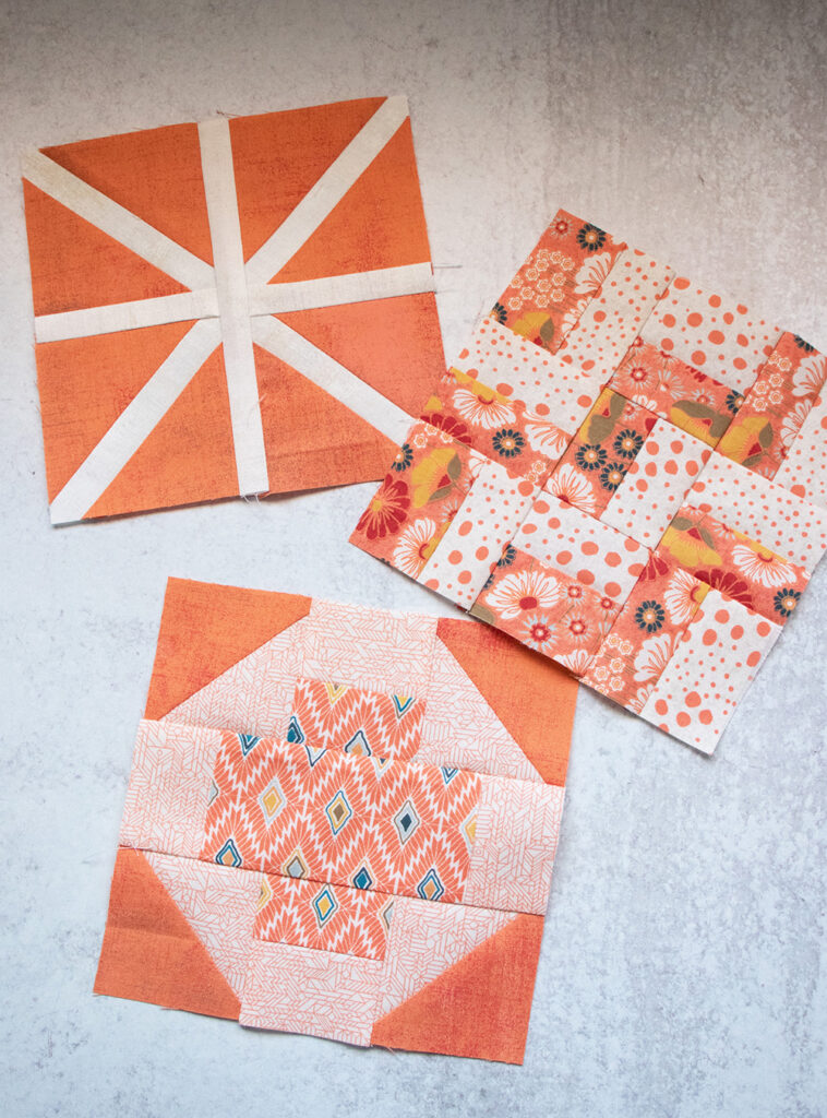 Sampler Spree Sew Along (Week 4). Check out Vanessa's blocks using Cider and Persimmon fabric by BasicGrey + her fall leaf quilt top layout.