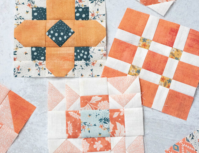 Sampler Spree Sew Along (Week 5). Check out Vanessa's blocks using Cider and Persimmon fabric by BasicGrey + her fall leaf quilt top layout.