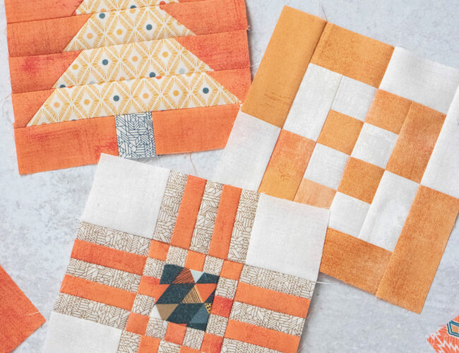 Sampler Spree Sew Along (Week 6). Check out Vanessa's blocks using Cider and Persimmon fabric by BasicGrey + her fall leaf quilt top layout.