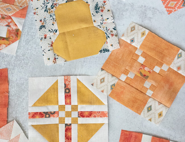 Sampler Spree Sew Along (Week 7). Check out Vanessa's blocks using Cider and Persimmon fabric by BasicGrey + her fall leaf quilt top layout.