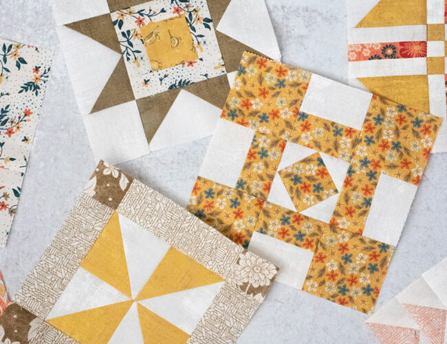 Sampler Spree Sew Along (Week 8). Check out Vanessa's blocks using Cider and Persimmon fabric by BasicGrey + her fall leaf quilt top layout.