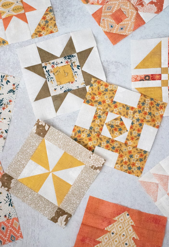 Sampler Spree Sew Along (Week 8). Check out Vanessa's blocks using Cider and Persimmon fabric by BasicGrey + her fall leaf quilt top layout.