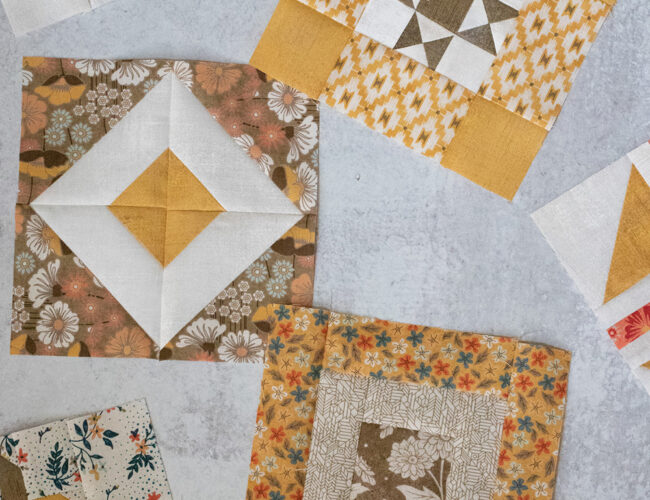Sampler Spree Sew Along (Week 9). Check out Vanessa's blocks using Cider and Persimmon fabric by BasicGrey + her fall leaf quilt top layout.