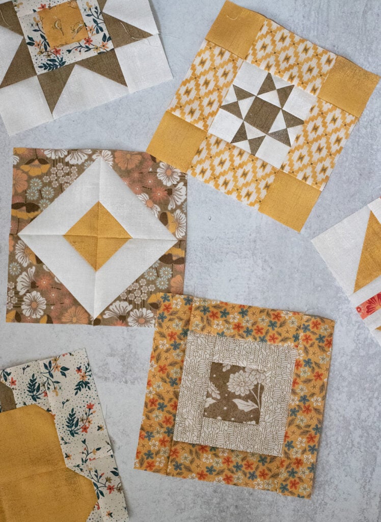 Sampler Spree Sew Along (Week 9). Check out Vanessa's blocks using Cider and Persimmon fabric by BasicGrey + her fall leaf quilt top layout.