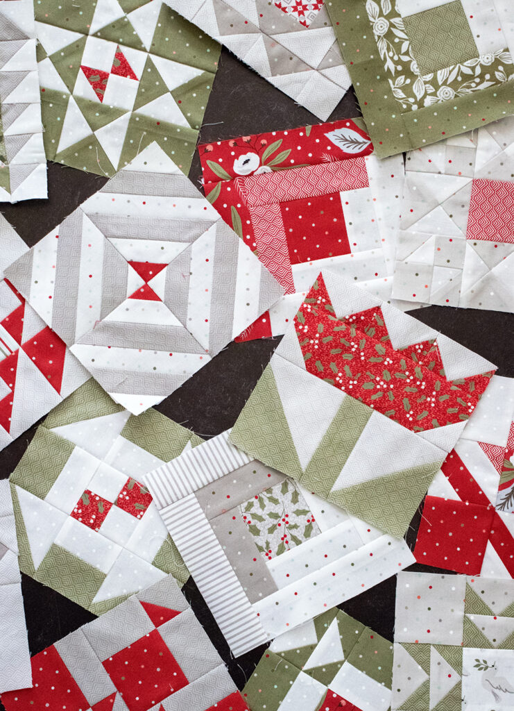 Lella Boutique's Sewcialites blocks in Christmas Morning fabric. Sewcialites is a free block of the week, get the info here!