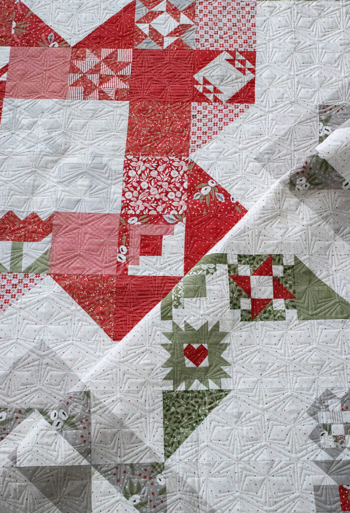 Rose in Bloom block of the month in Christmas Morning fabric. Vanessa plugged the Sewcialites sampler blocks into the Rose in Bloom pattern. Get the free Sewcialites block of the week here!